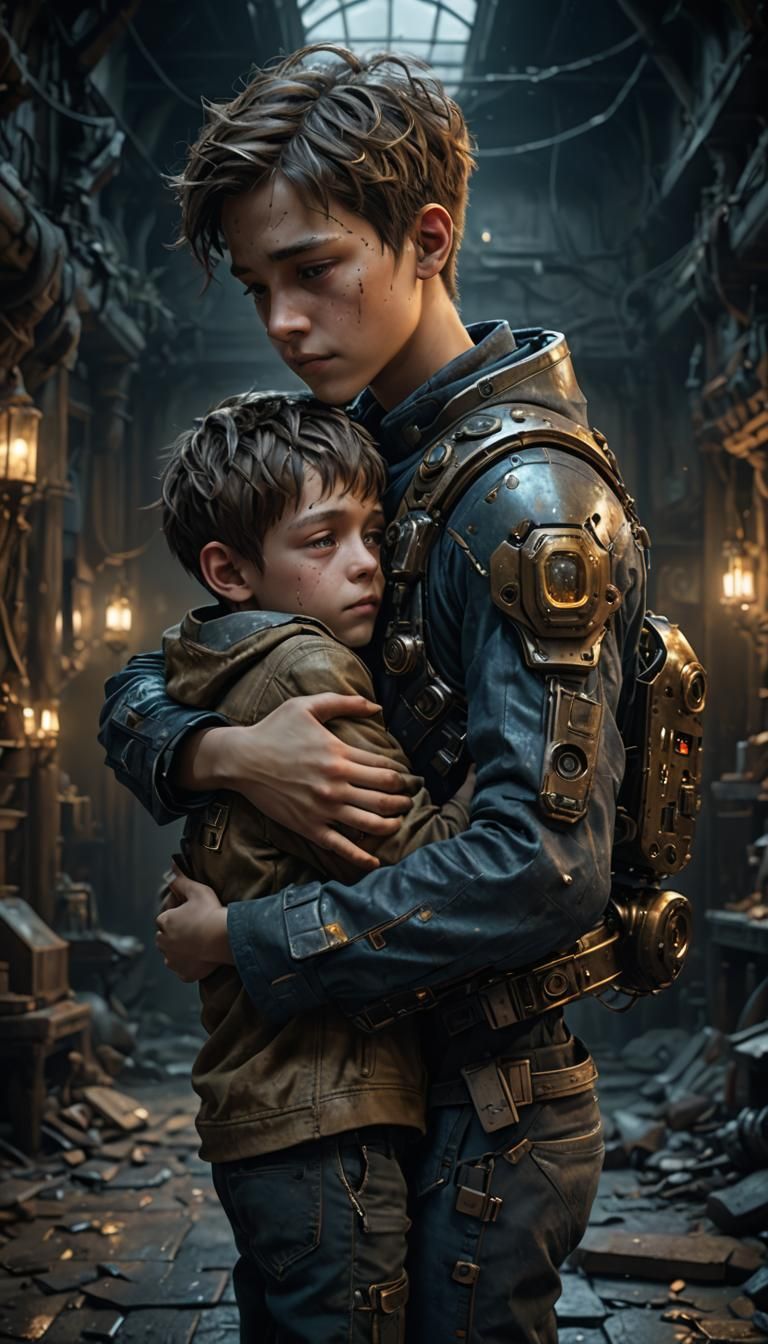 Boy and Android Hug in Detailed Matte Painting