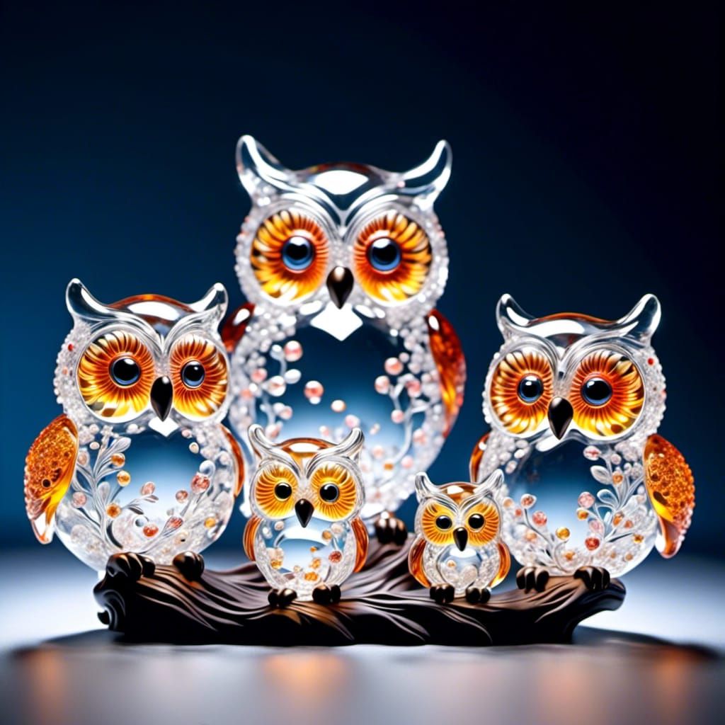 Whimsical Glass Art: Chibi Owl Family in Crystal Tree