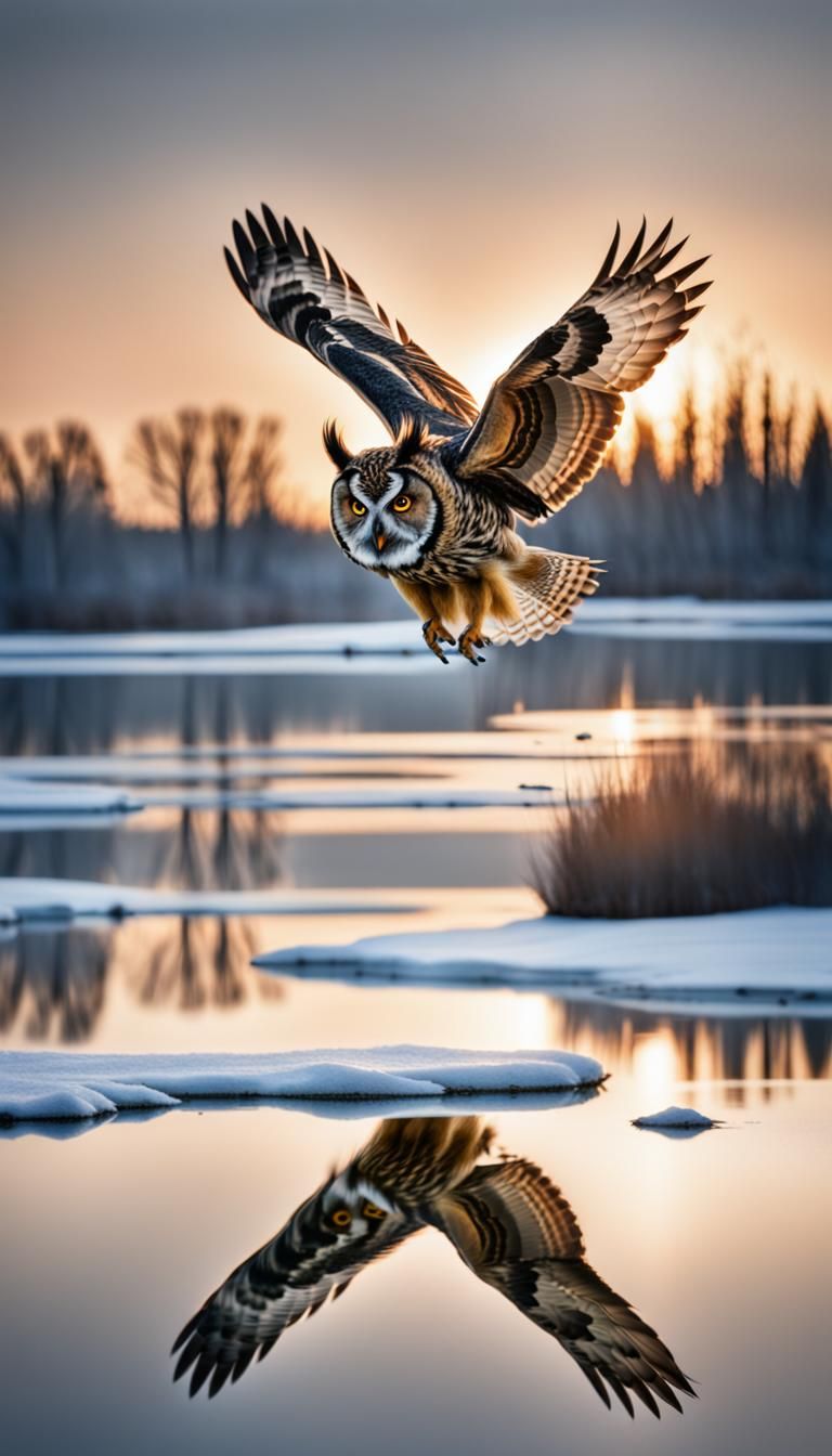 Long-Eared Owl Flying at Sunset: Hyper-Realistic Illustratio...