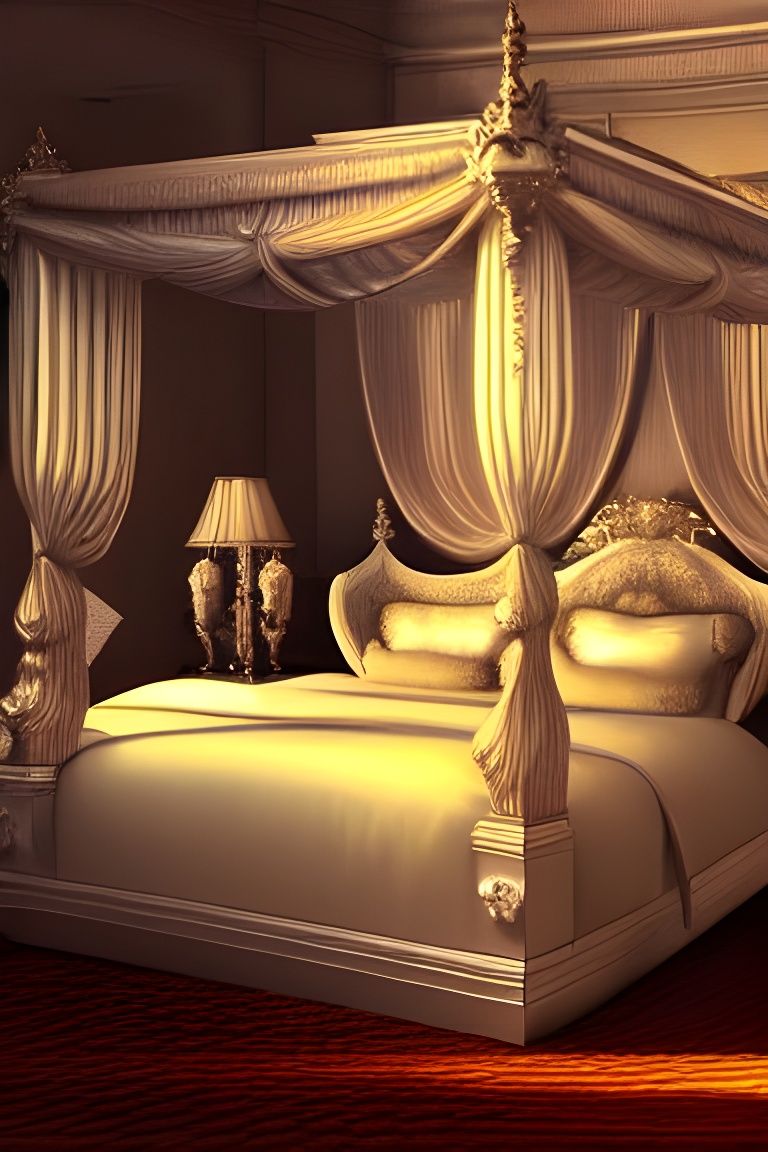 Queen's Boudoir: Flowing Canopy Bed, Photorealistic Oil