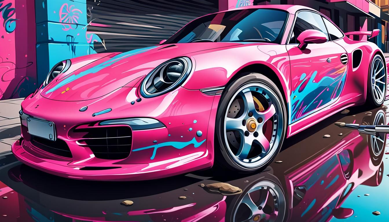 Pink Porsche in Graffiti-Inspired Vector Style