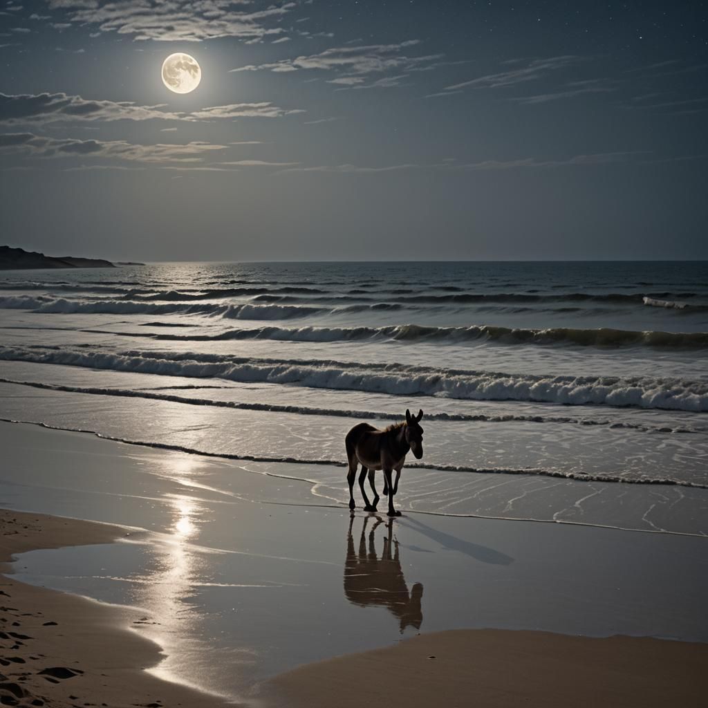 Moonlit Seascape with Donkey Silhouette