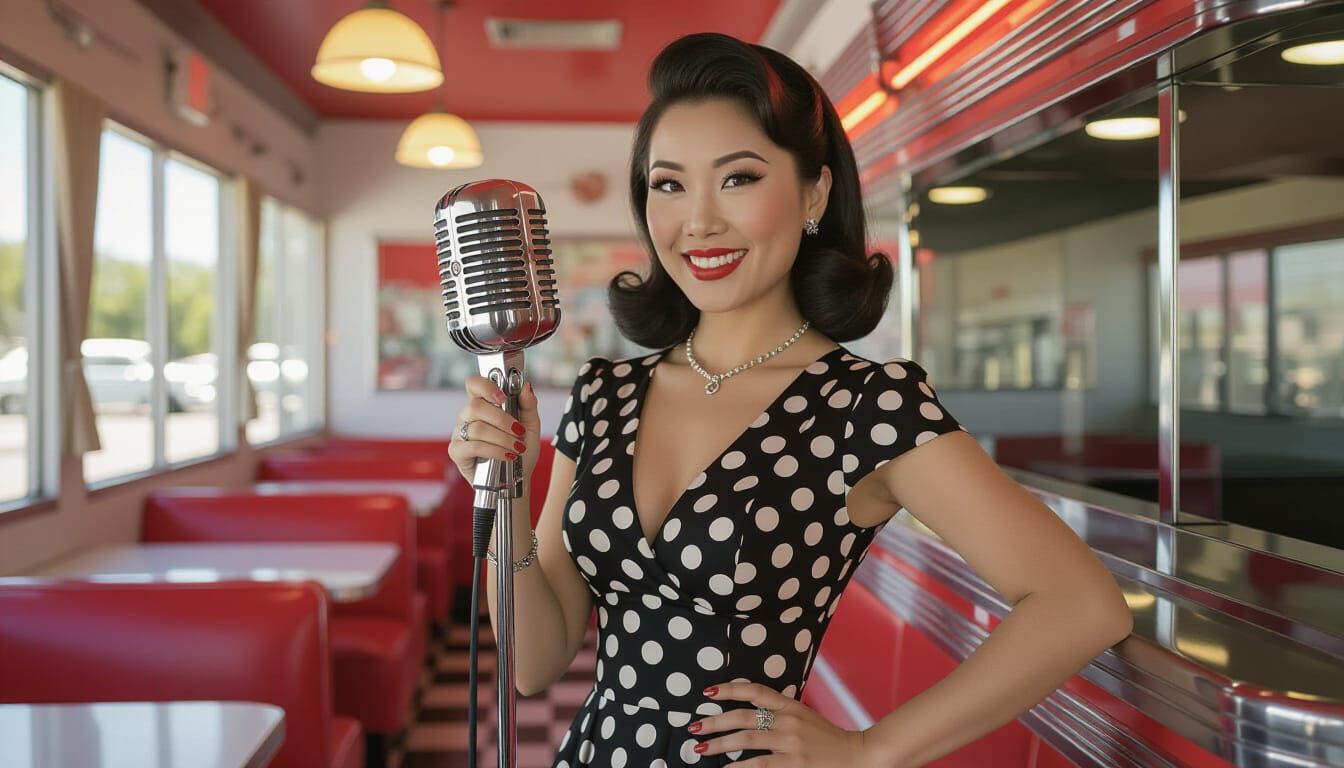 Asian Rockabilly Woman in Retro Diner