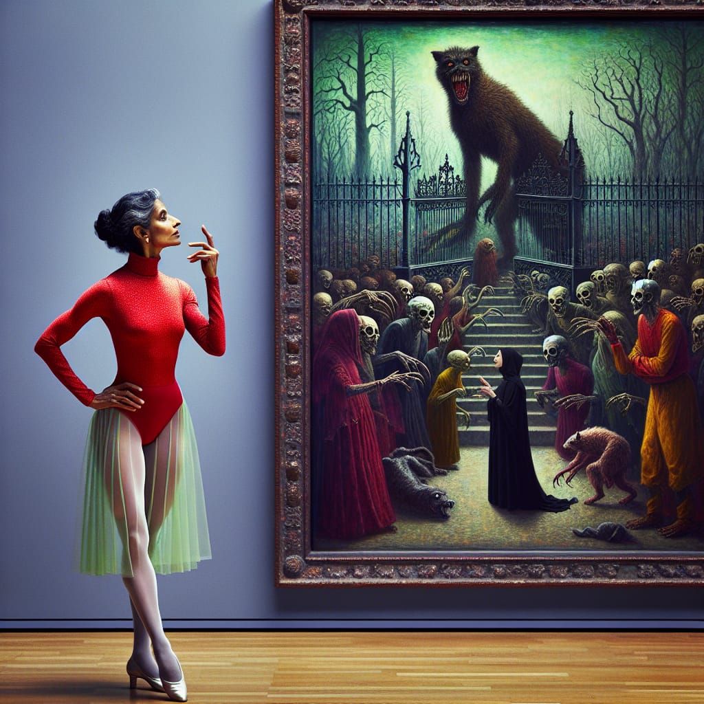 an adult female dancer wearing a colorful high-cut turtleneck leotard to the Richard Pickman Gallery