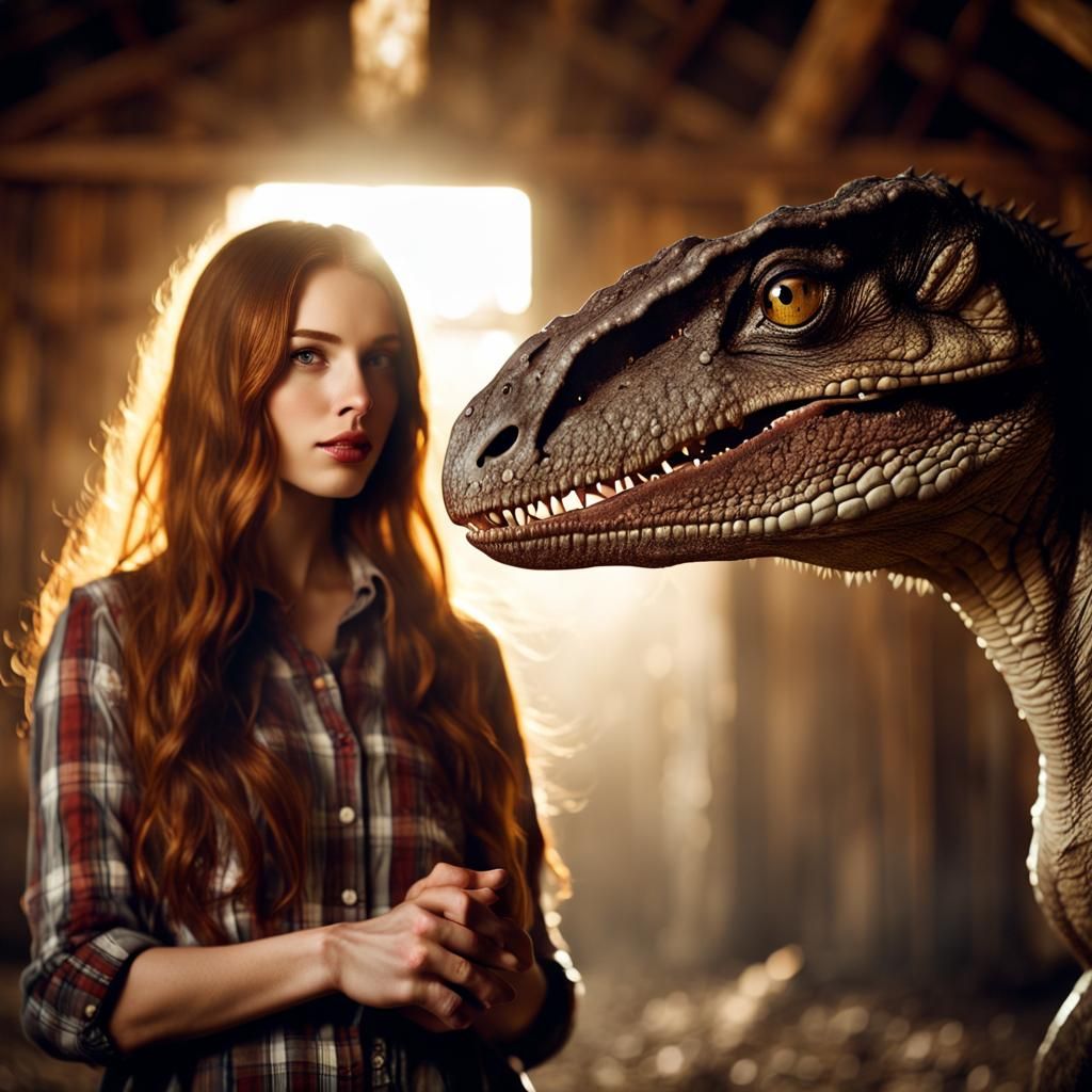 Brunette with Dinosaurs in Sunlit Barn