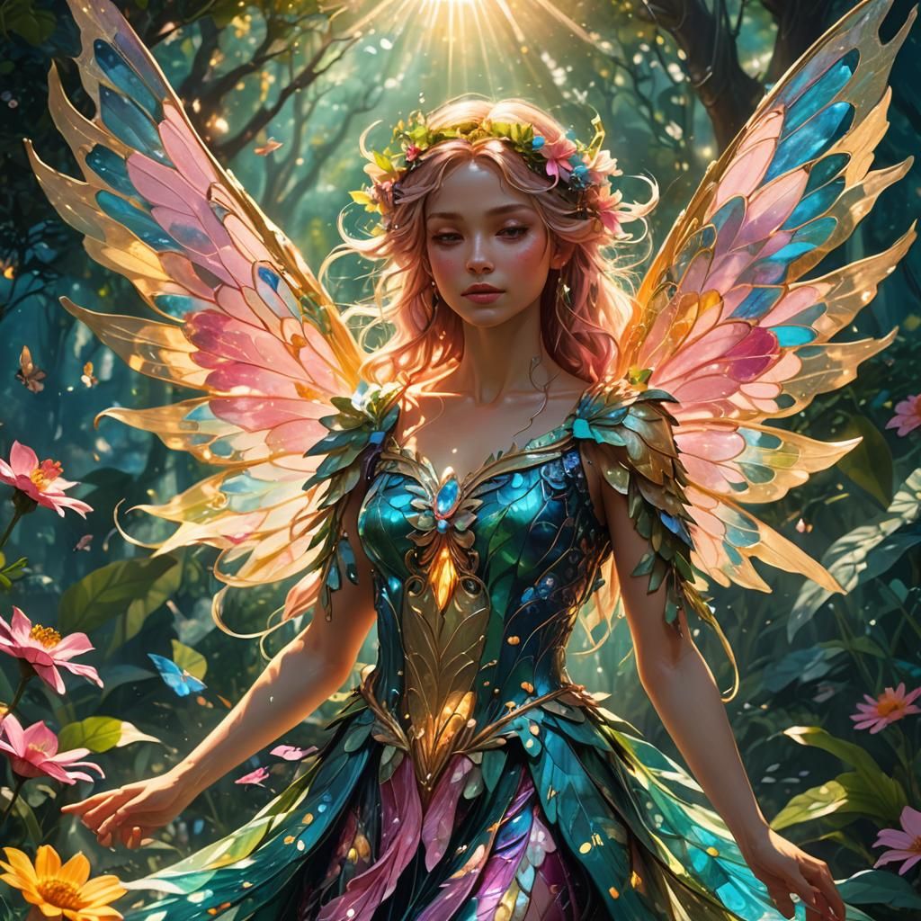 Sun Fairy in Lush Greenery, Fantasy Concept Art