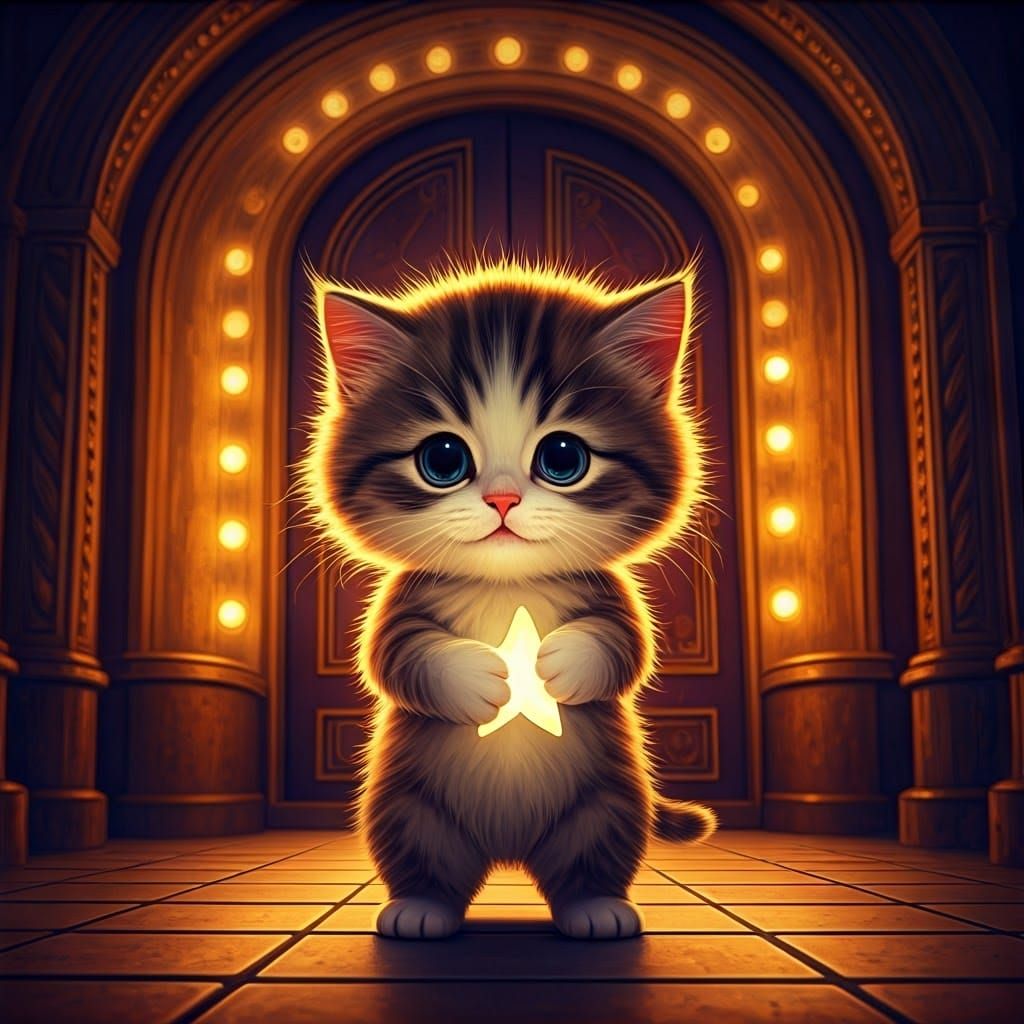 Whimsical Kitten Grasping a Star in Front of a Grand Theater