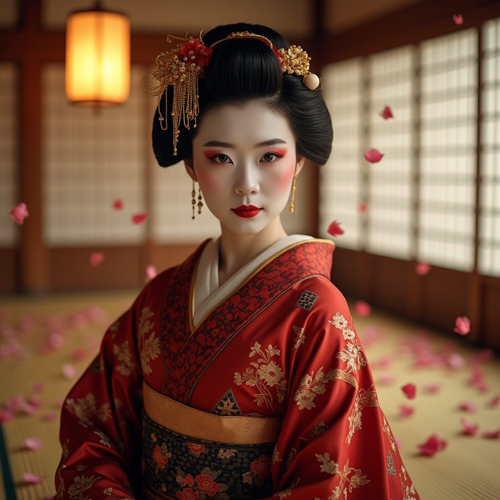 Traditional Japanese Geisha in Elegant Silk Kimono
