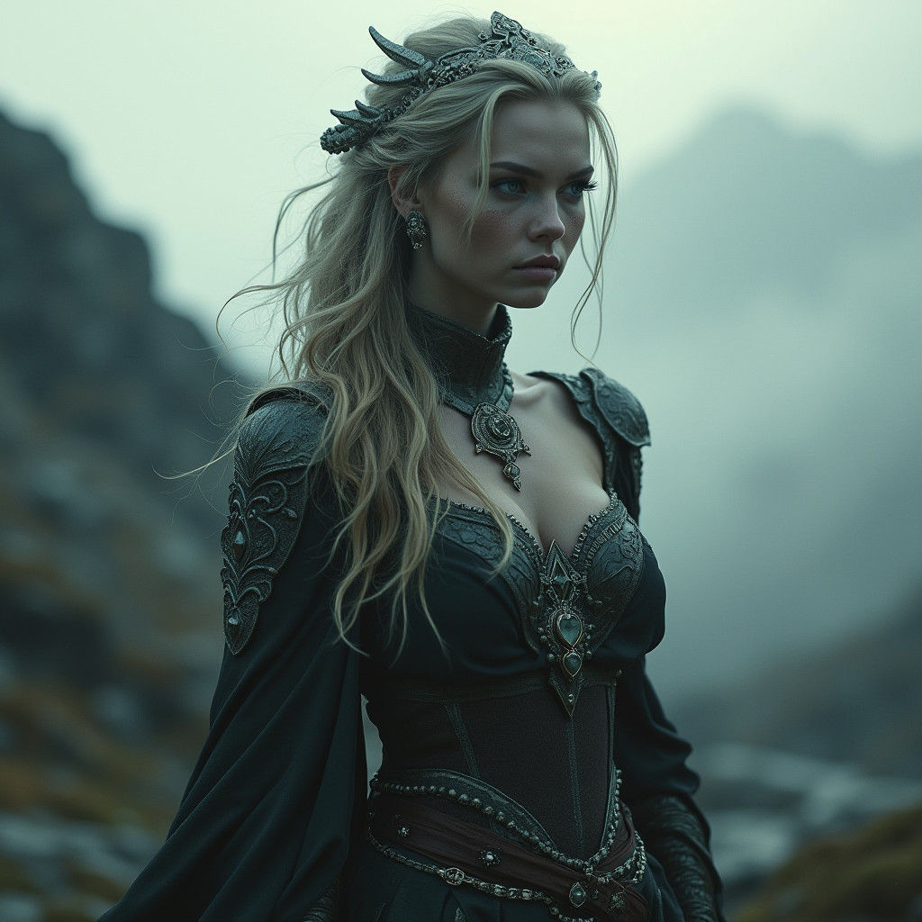 Anime Nordic Stone Queen in Misty Landscape