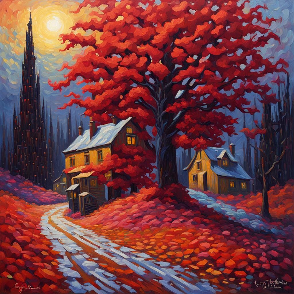 Sinister Crimson Peak in Neo-Impressionist Style