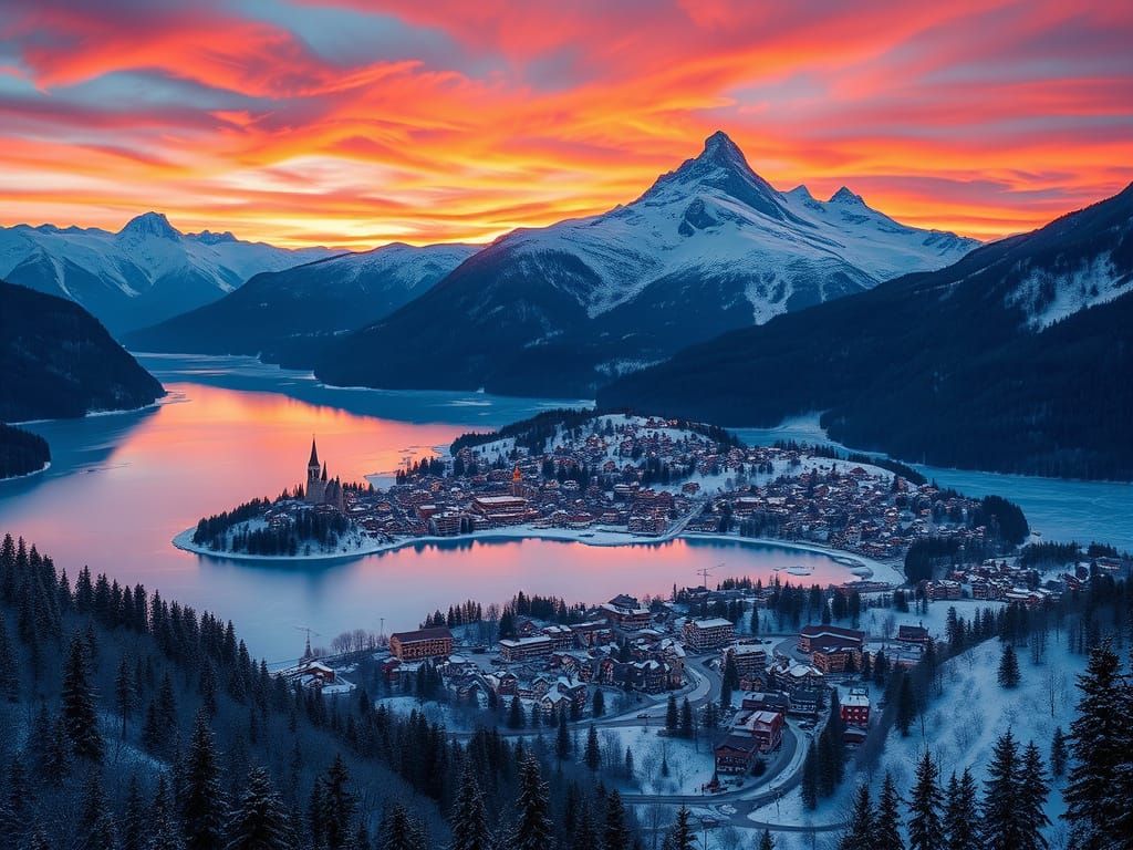 Winter Swiss Alps Village at Sunset, Vibrant Aerial View