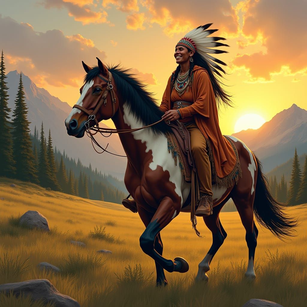 Apache Rider in Golden Sunset, Digital Painting