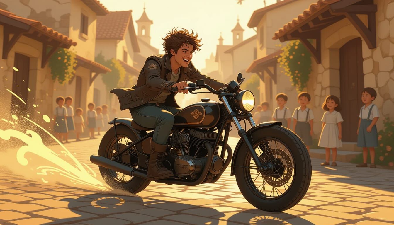 Steampunk Biker in Old Village, Children Laughing