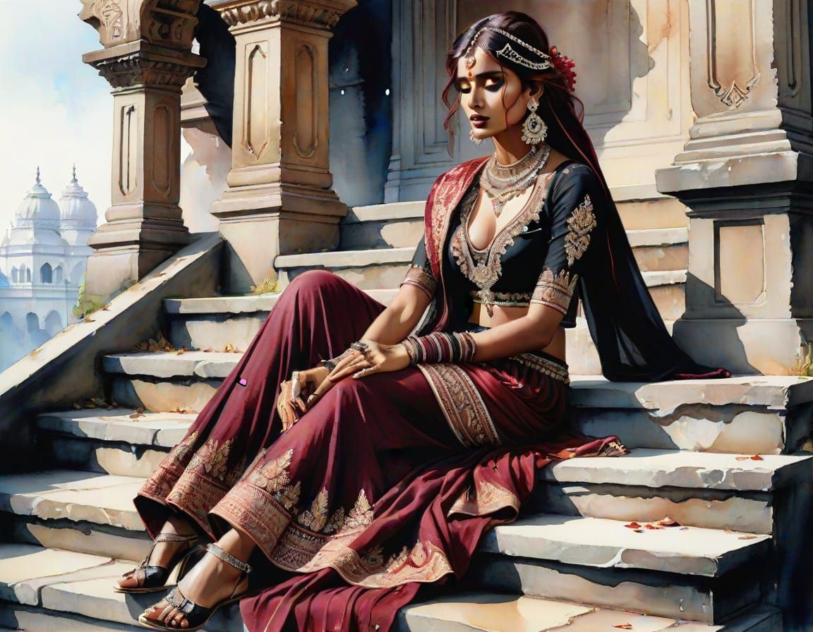 Indian Woman in Lehenga: Watercolor Art Nouveau Illustration