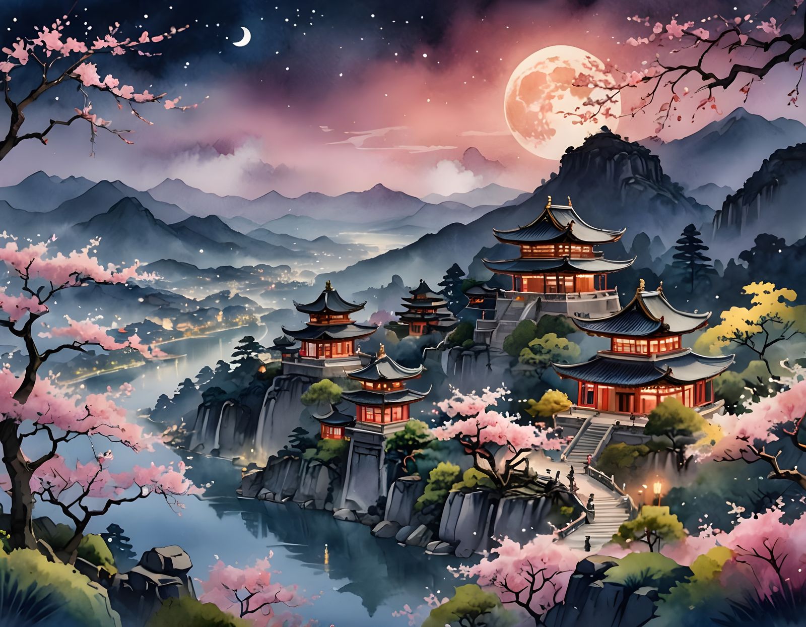 Surreal Asian Cherry Blossom Landscape in Dreamy Watercolor ...