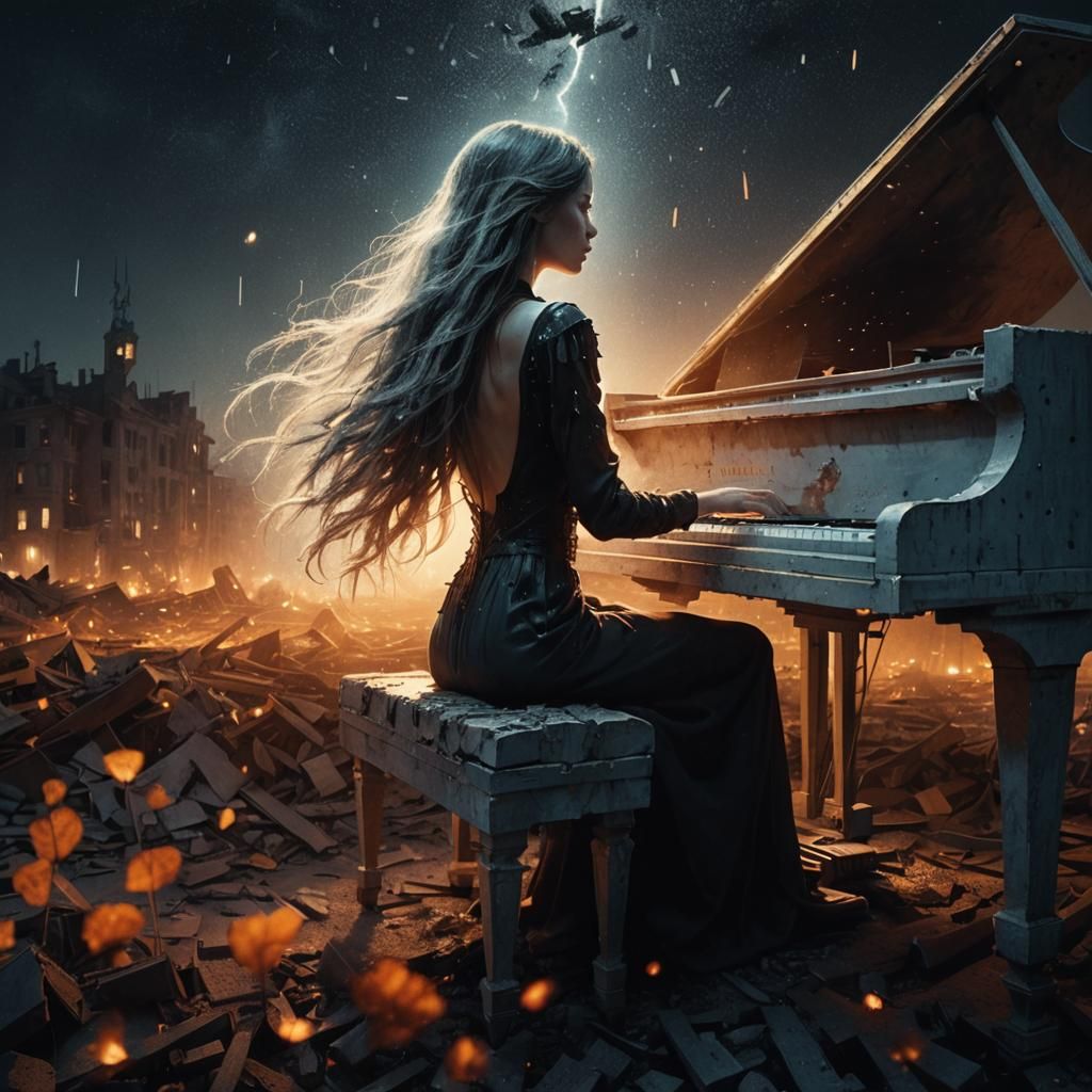 Dystopian Night: Girl Plays Piano in Beksiński Style
