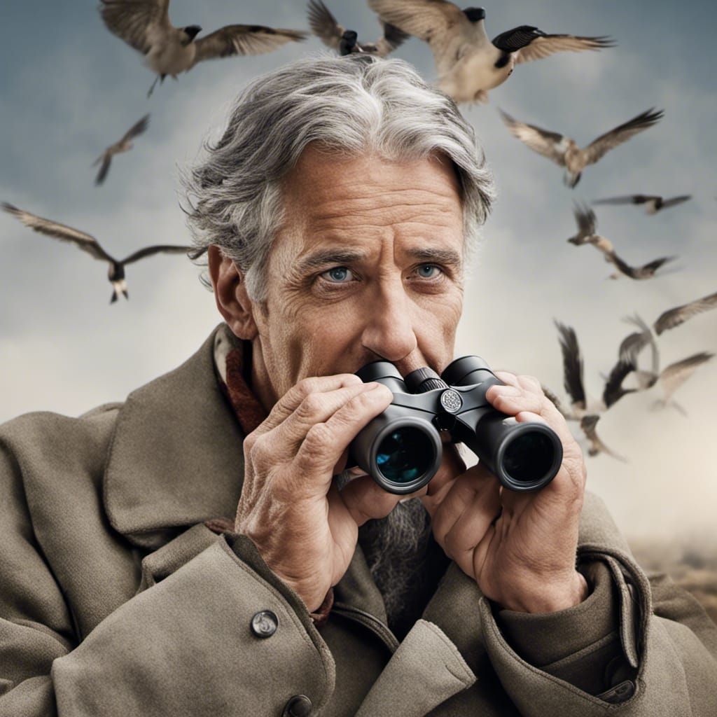 Person Gazing at Bird Through Binoculars, Reflected Image