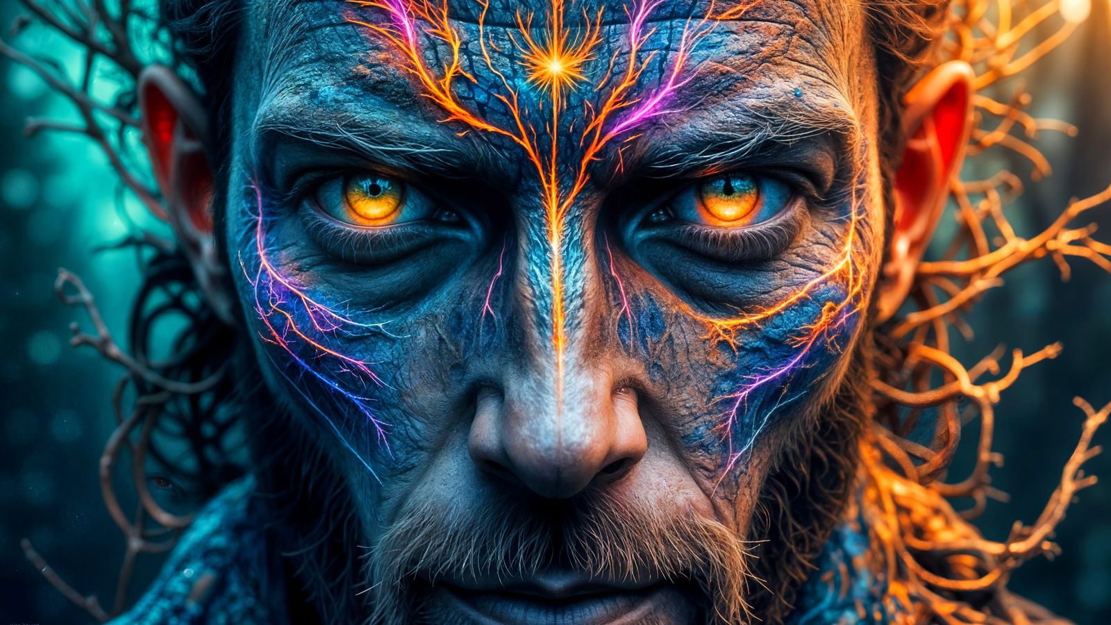 Fractal Faced Man with Tribal Tattoos in Dark Fantasy Style