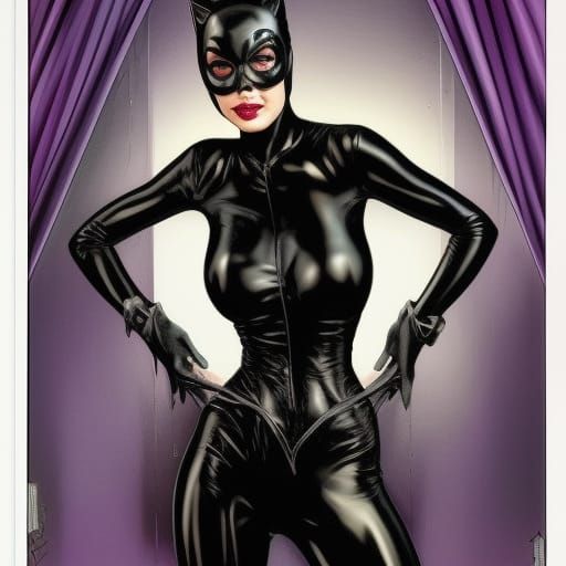 Catwoman Latex Portrait in Comic Book Art Style