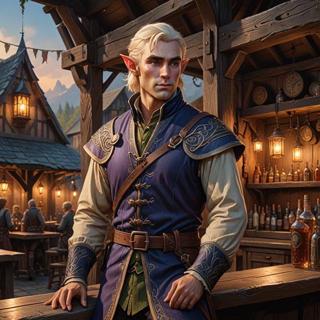 Platinum Blond Elf in Rustic Outdoor Bar at Dusk