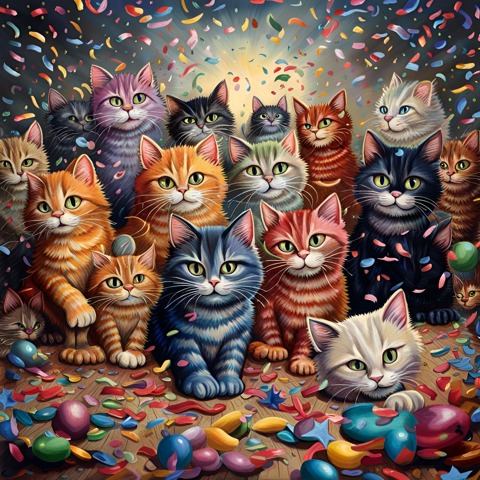 Cats and Confetti in a Hyperrealistic Style