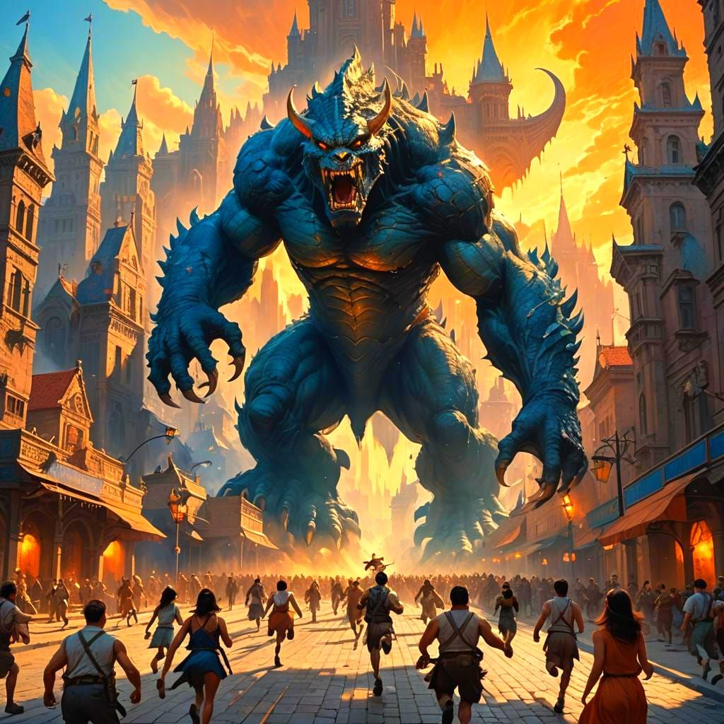 Giant Monster Chase: Detailed Matte Painting