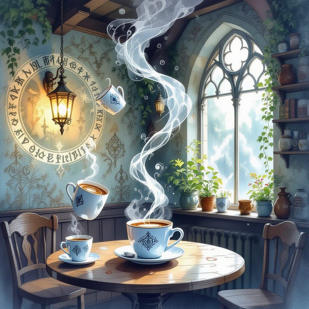 Mystical Cafe Interior With Levitation and Magic Light