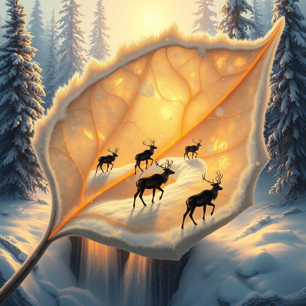 Surrealist Leaf Portal to a Winter Wonderland