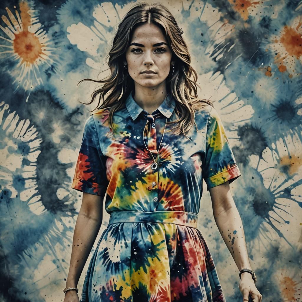 Watercolor Ink Splatter of 60s Woman in Tie-Dye