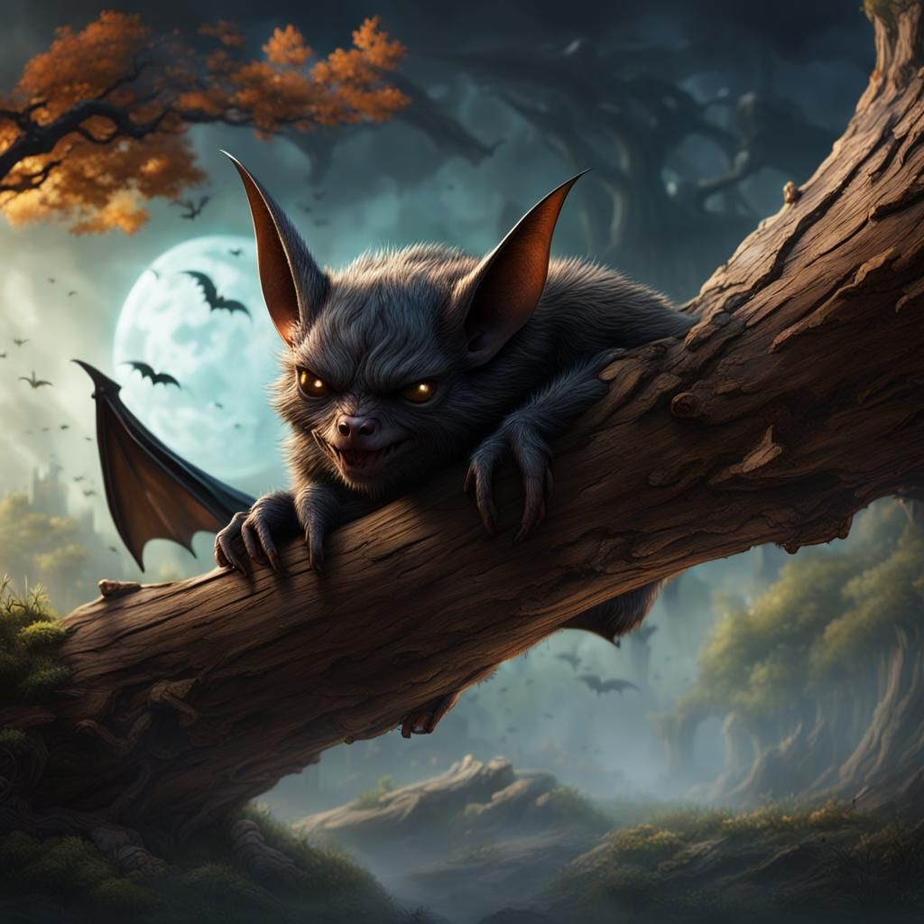 Sleeping Bat on Log: Detailed Matte Painting