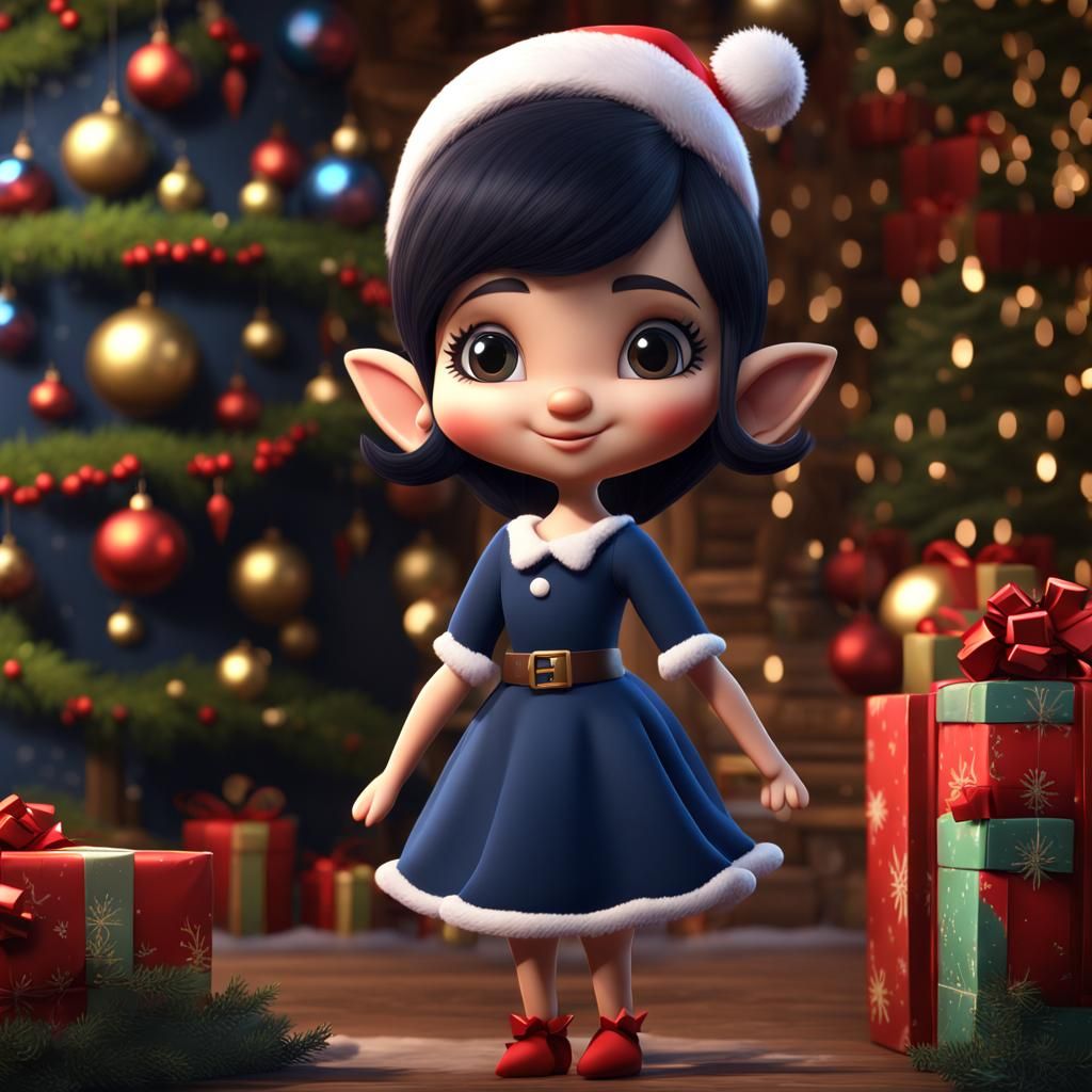 Cute Christmas Elf in Navy Dress, Fantasy Art