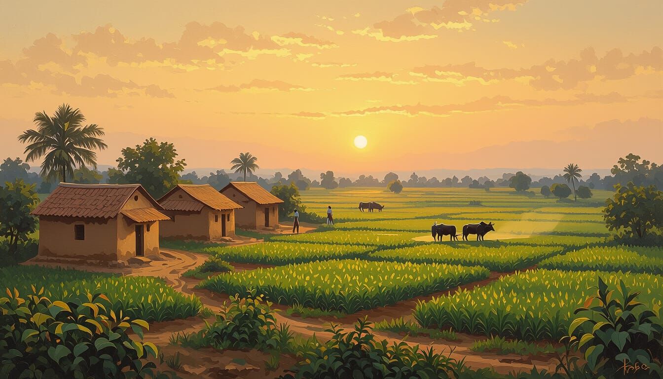Golden Hour Indian Village Oil Painting