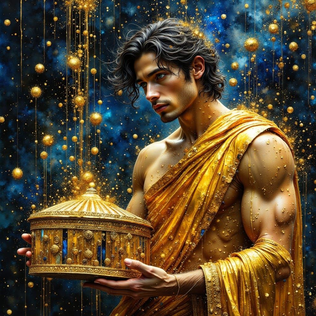 Man with Golden Casket in Dark Oil Paint Style