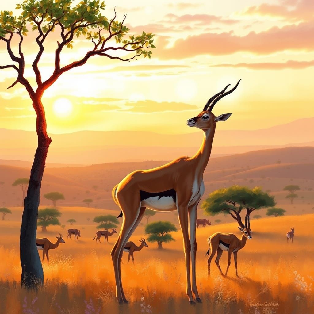 Gerenuk Reaching for Acacia Leaves at Twilight