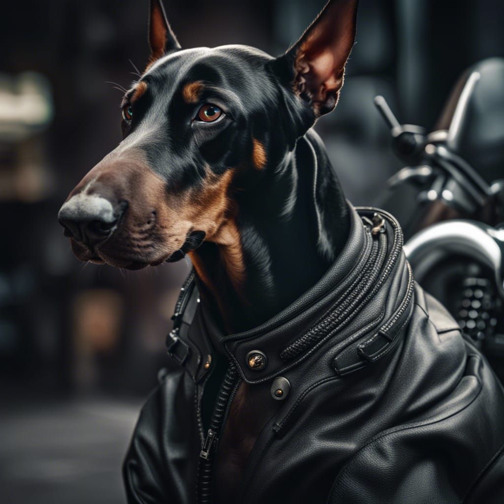 A Doberman wearing techwear and streetwear clothes and riding in a motorcycle gang intricate details, HDR, beautifully s...