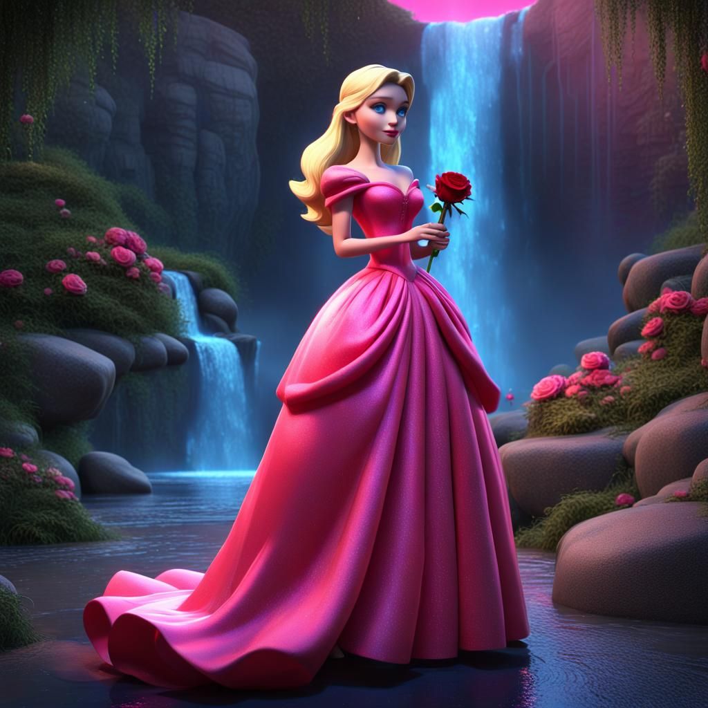 Female Princess with blonde hair and blue eyes in a pink ball gown holding a Red Rose standing in front of a waterfall