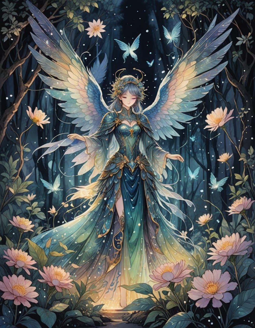 Divine Bird-Human Hybrid in Manga Illustration