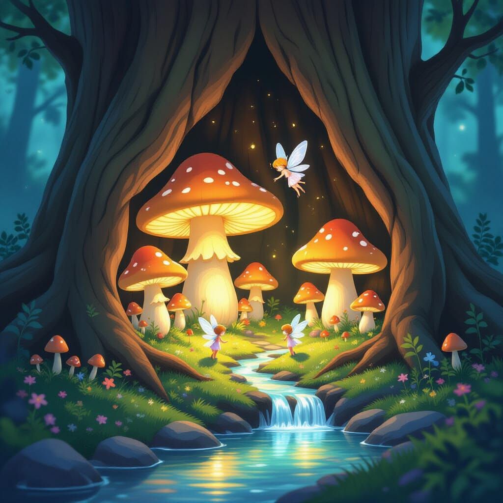 Bioluminescent Mushroom Village with Fairies in Anime Style