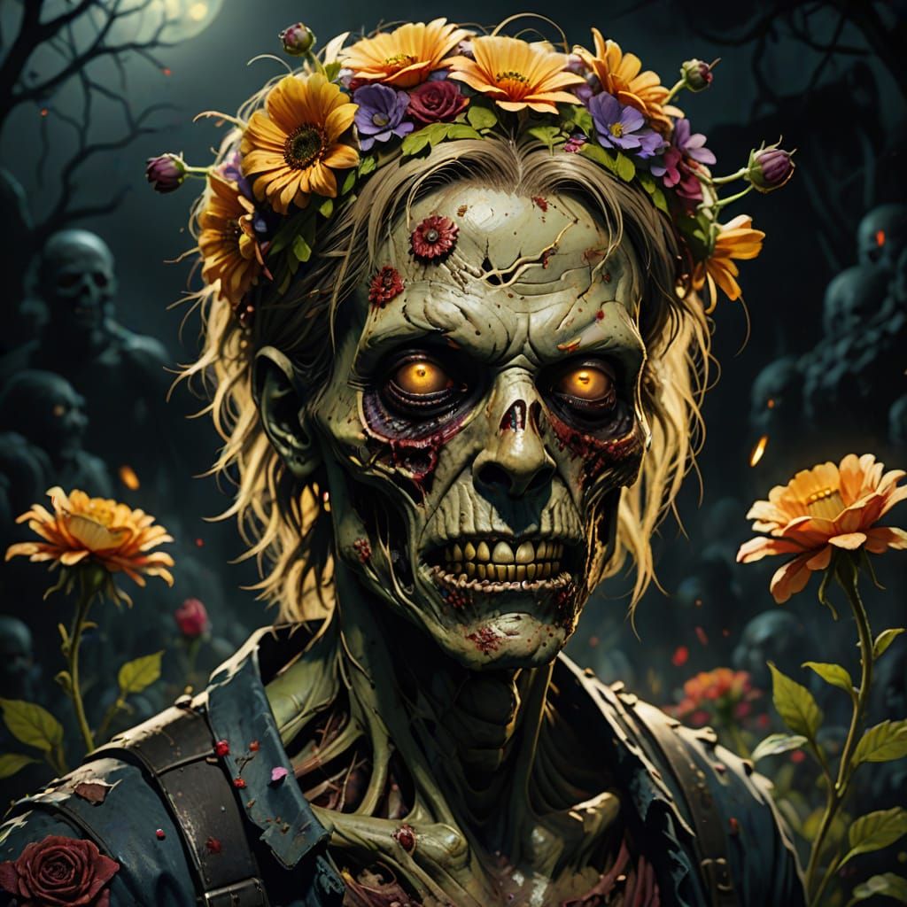 Zombie with Flowers: Vibrant Digital Concept Art