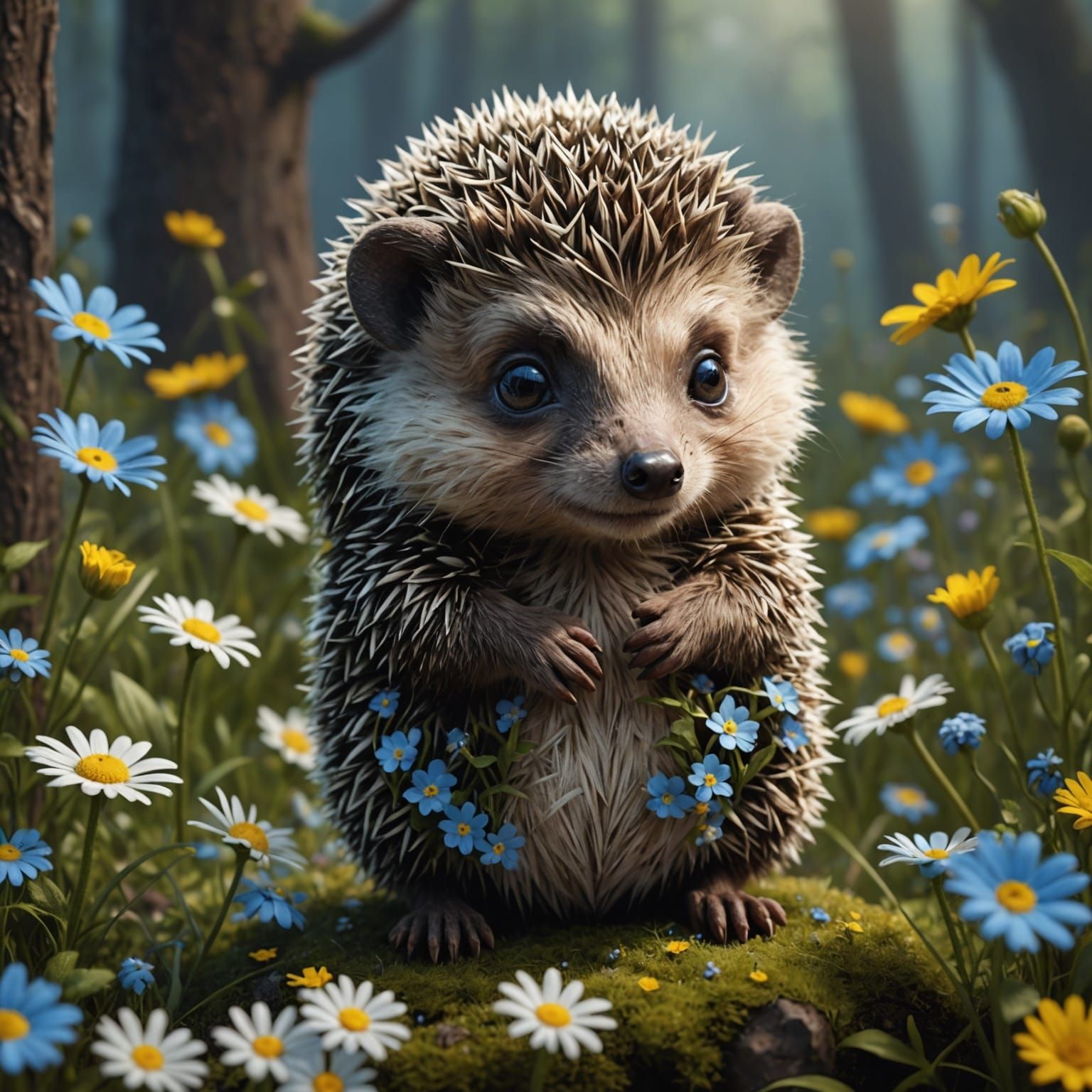 Sad Hedgehog in Flower Meadow, Detailed Matte Painting