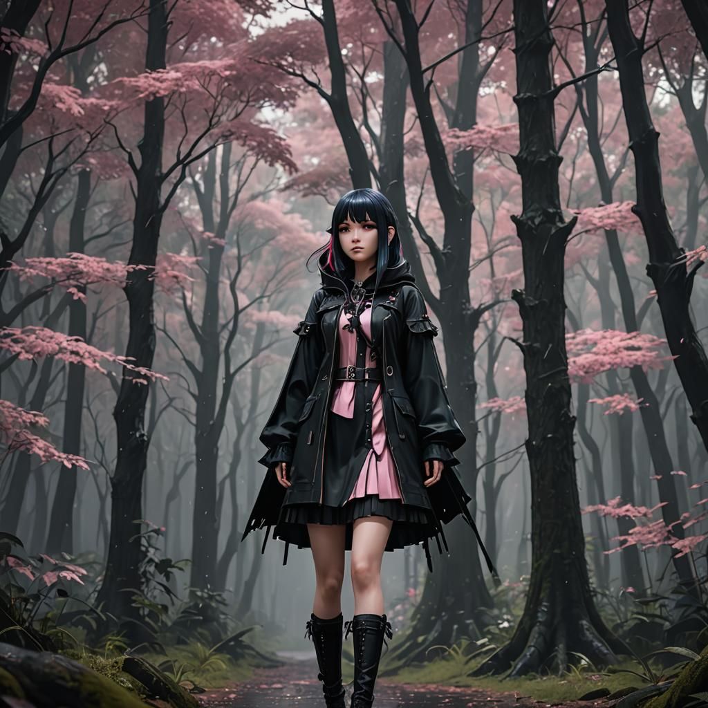 Gothic Girl in Rainy Forest: 3D Anime Art