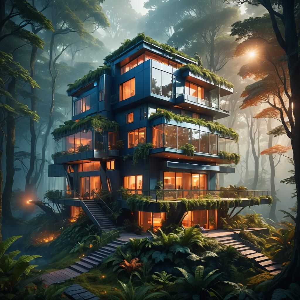 Futuristic Eco-House in Misty Forest: Matte Painting