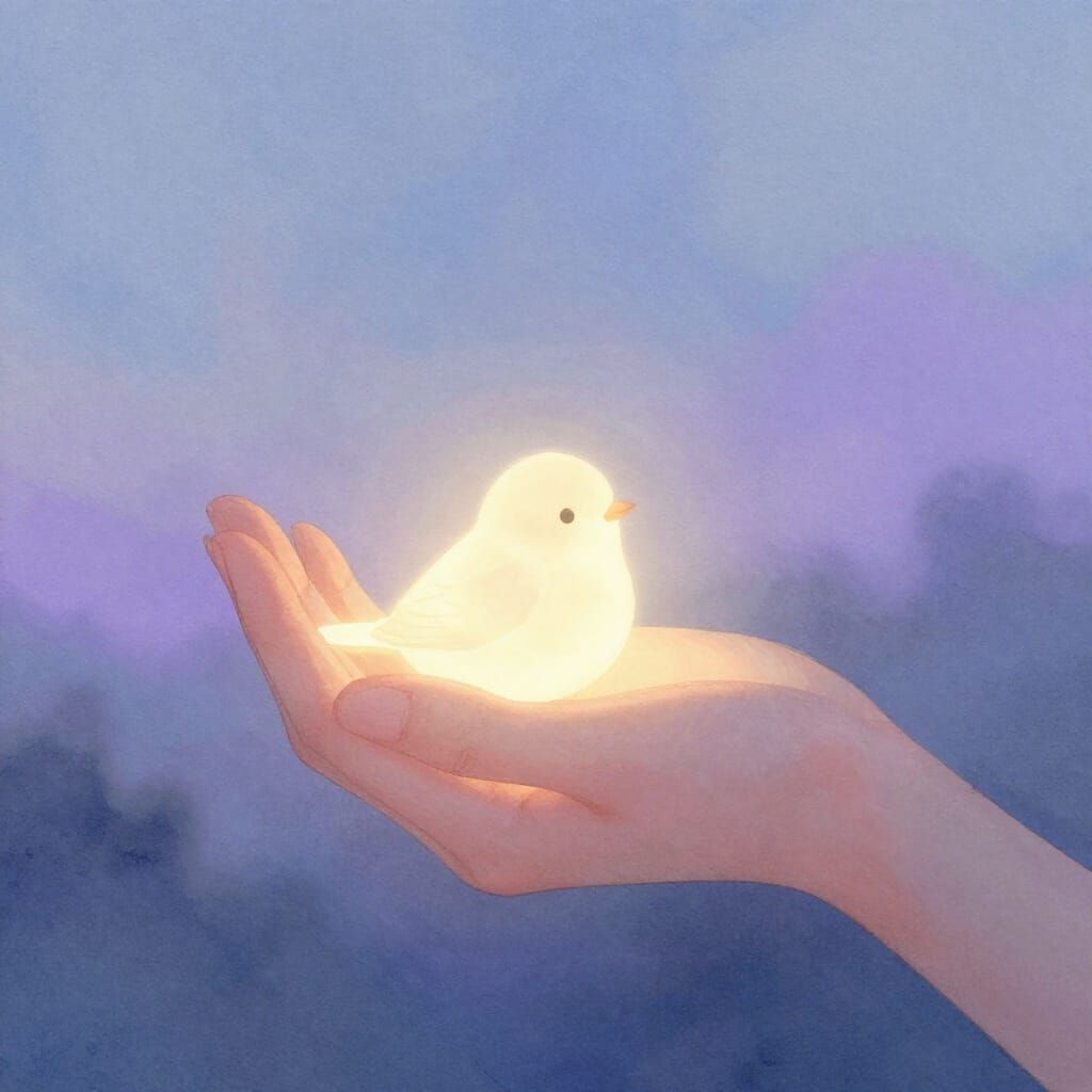 Gentle Hand Cradles Glowing Bird in Ethereal Watercolor