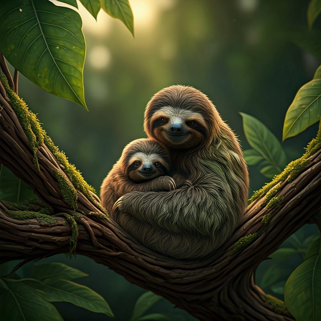 Sloth Mother and Baby in Emerald Forest