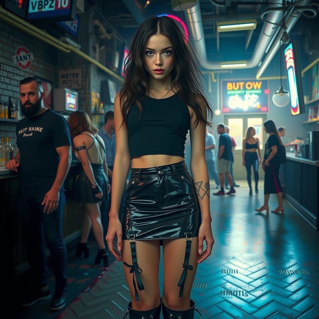 Seductive Woman in PVC Mini-Skirt at Edgy Industrial Bar