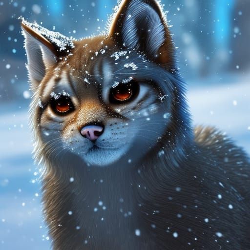 Kawaii Lynx Plays in Winter Snow: Detailed Digital Art
