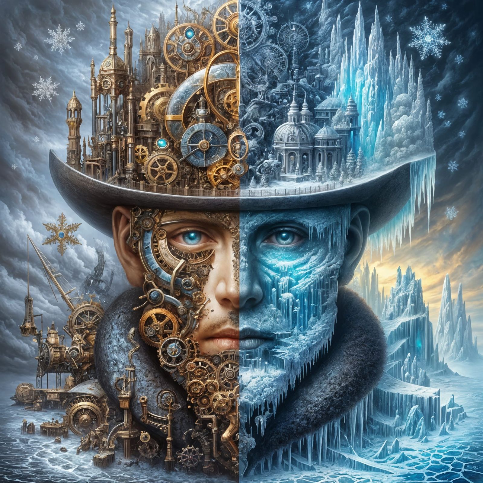 Divine Entity with Steampunk and Icy Civilizations