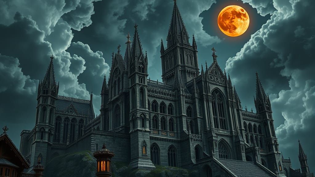 Gothic Castle Under Blood Moon in Dark Fantasy Realism Style