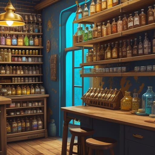 Surreal Potions in a Vibrant Golden Haze