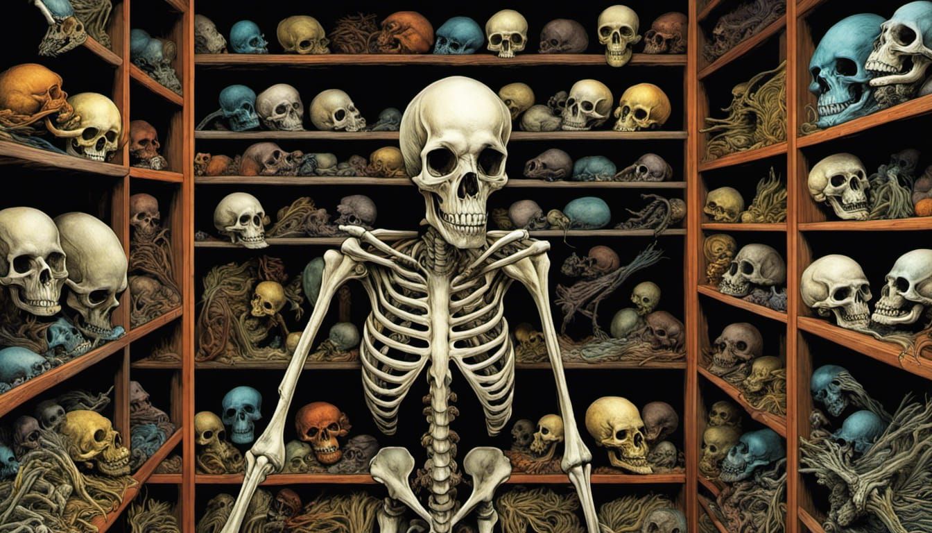 Colorful Fossilized Skeletons in Horror Closet